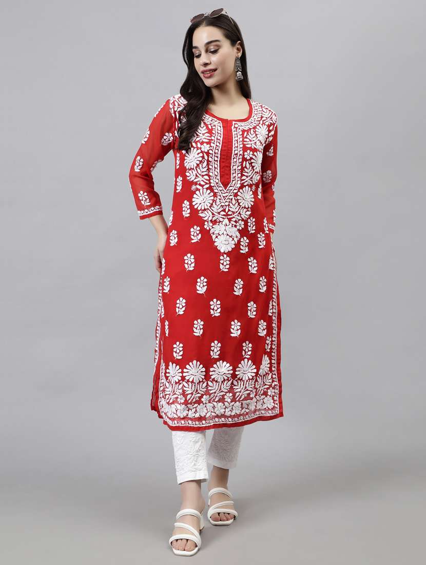 round neck chikankari work straight kurta - 20957627 - Standard Image - 5