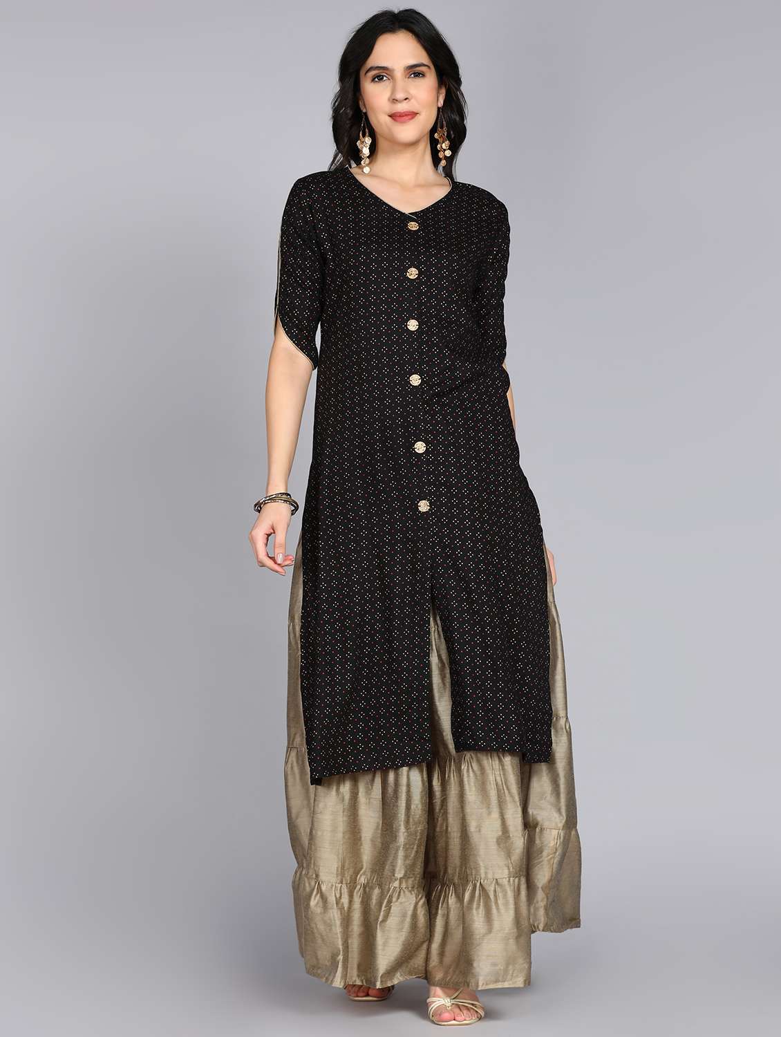 women black v neck front slit kurta