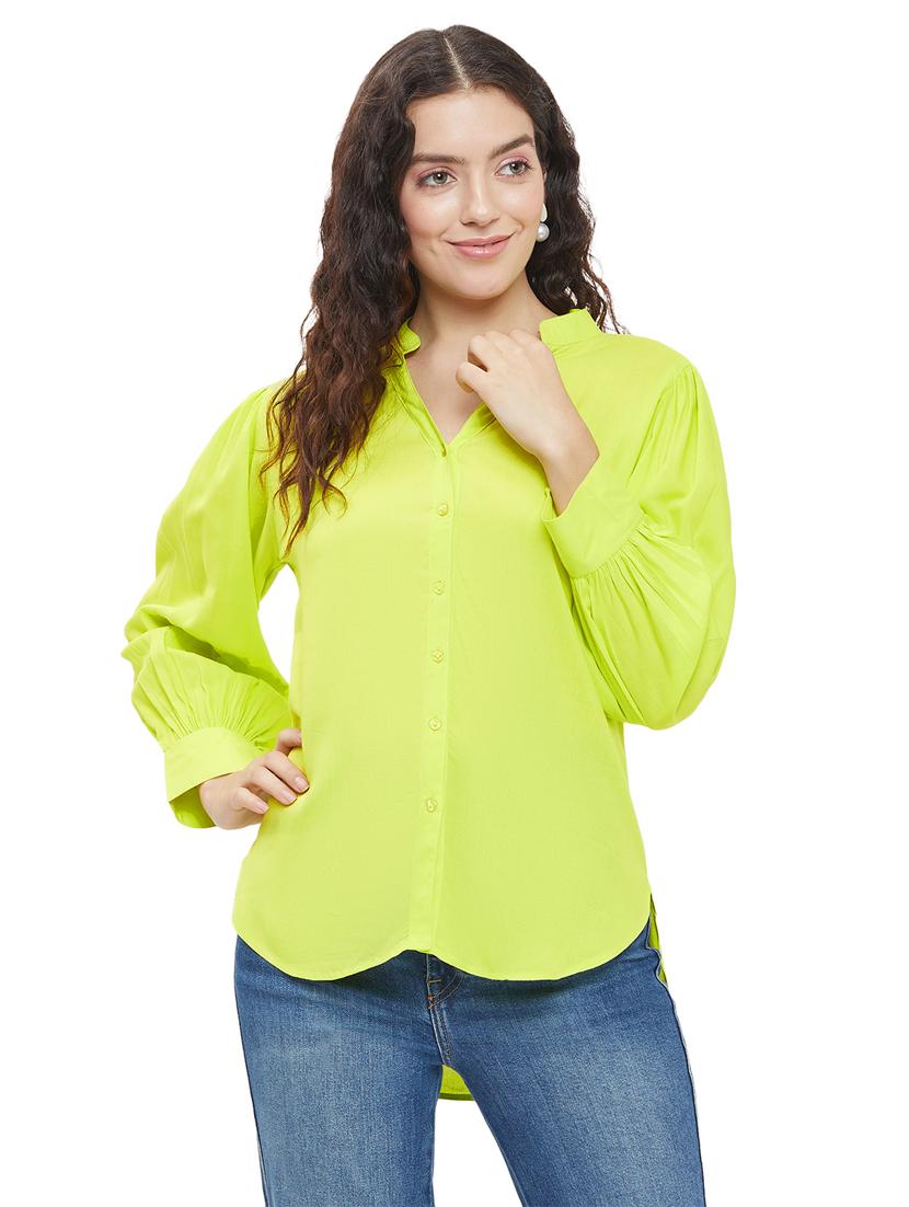 womne solid bishop sleeves high low shirt - 20957941 -  Zoom Image - 0