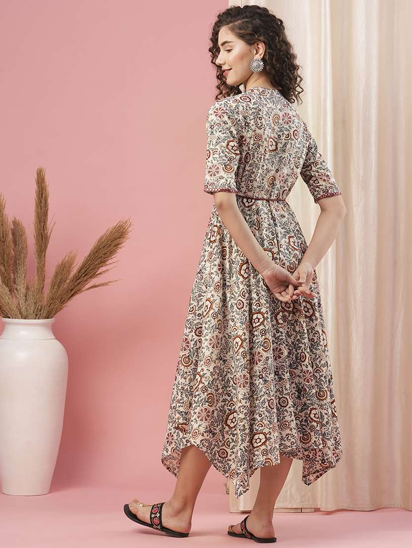 globus women off white allover floral print asymmetric hem waist tie-up tassel drawstring midi dress - 20958590 -  Standard Image - 3