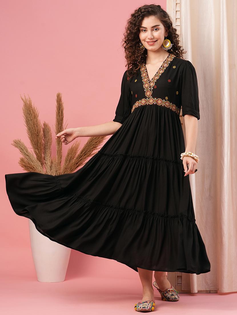 globus women black v-neck embroidered yoke tiered flared a-line dress - 20958591 - Zoom Image - 0