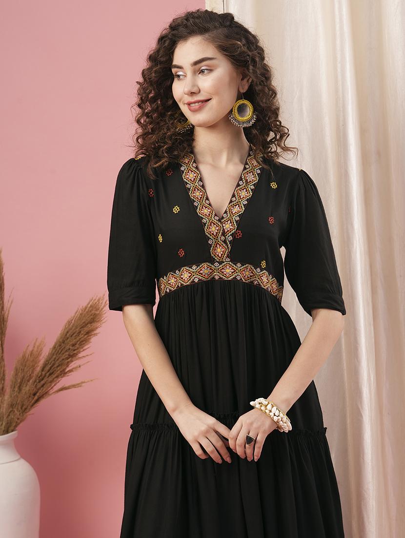globus women black v-neck embroidered yoke tiered flared a-line dress - 20958591 - Standard Image - 3