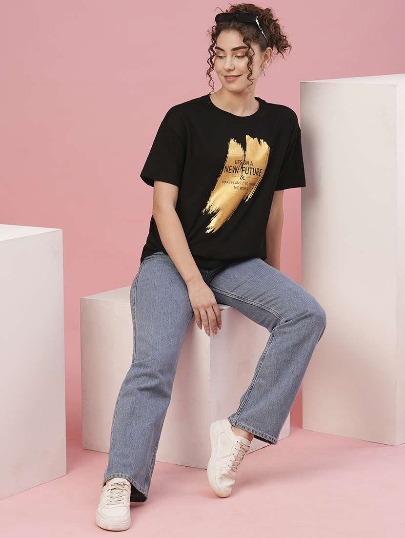 globus women black typography printed drop shoulder boxy fit t-shirt - 20958600 -  Standard Image - 3