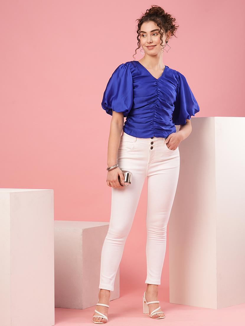women solid puff sleeves ruched top - 20958608 - Standard Image - 3