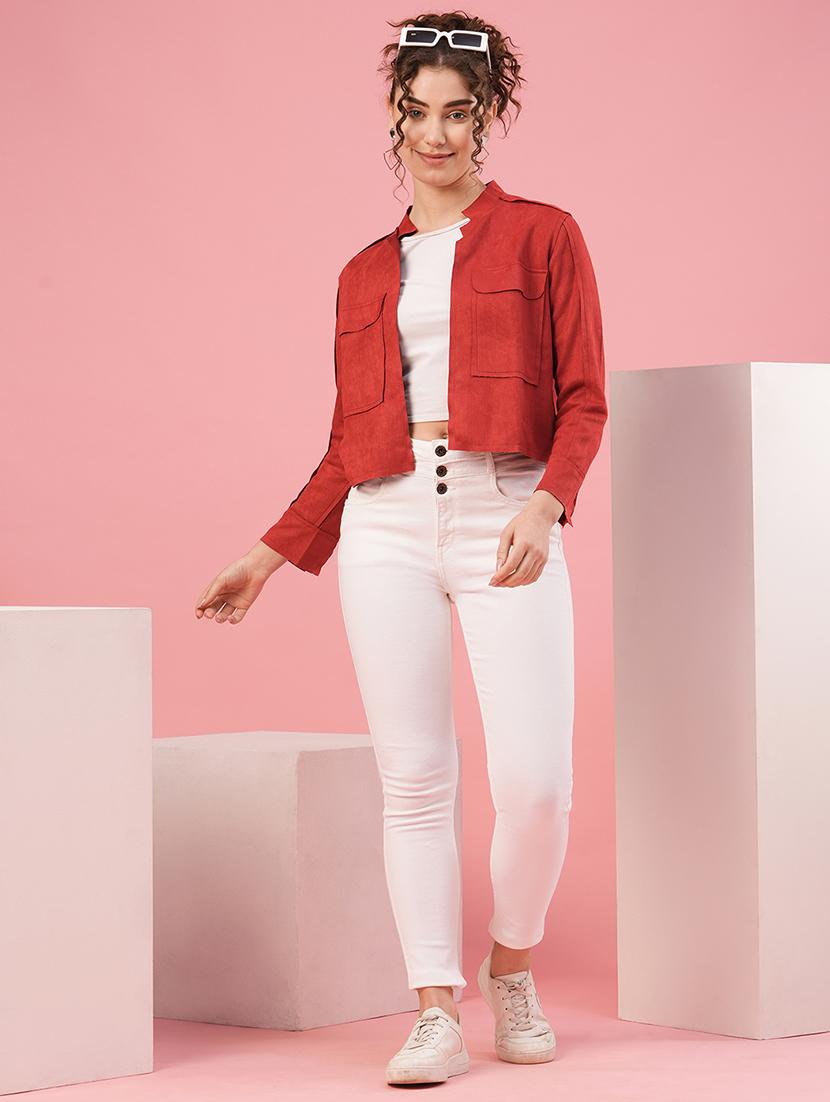 women solid red regular jacket - 20958638 - Standard Image - 3