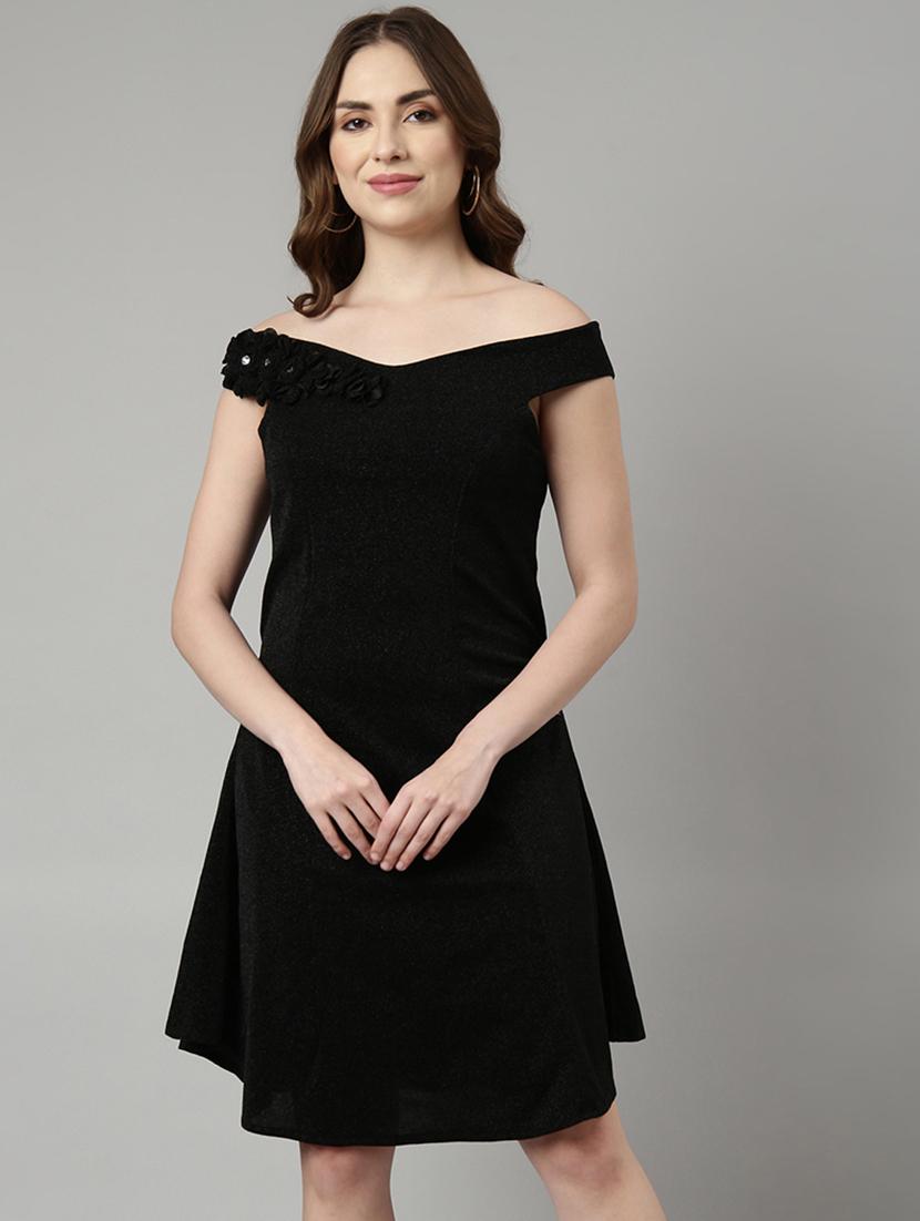 solid black detailed a-line dress - 20958820 -  Zoom Image - 0