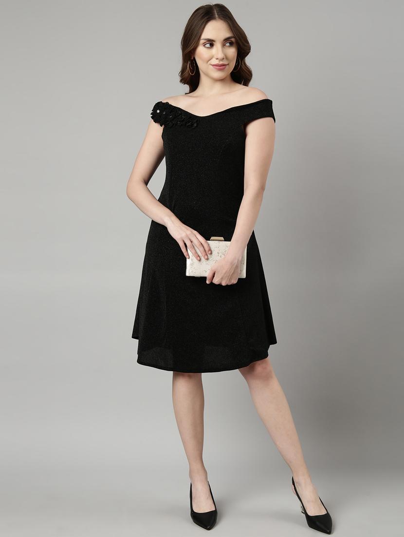 solid black detailed a-line dress - 20958820 - Standard Image - 3