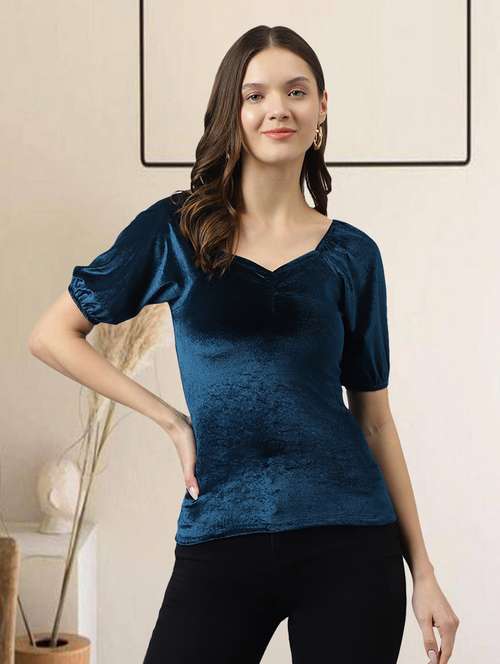 women teal solid straight top - 20960390 -  Standard Image - 0