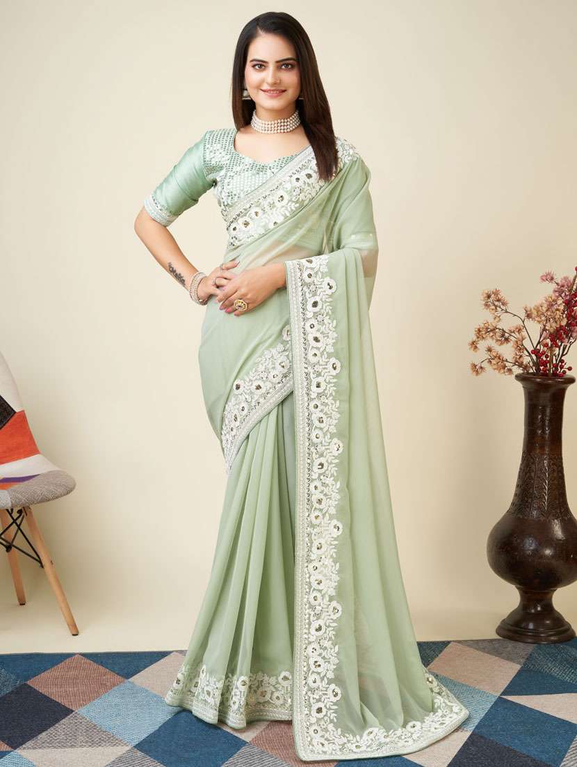 women neo mint embroidered bordered saree with blouse