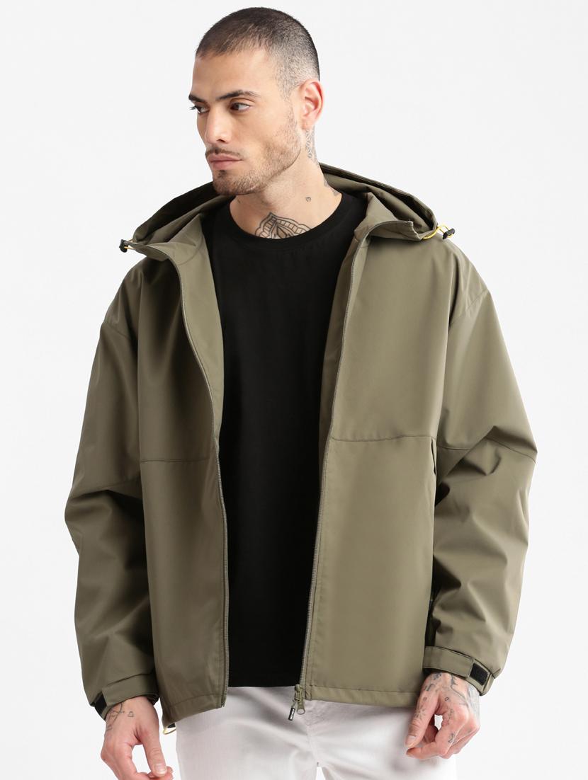 solid olive green detailed casual hooded jacket - 20960557 - Zoom Image - 0