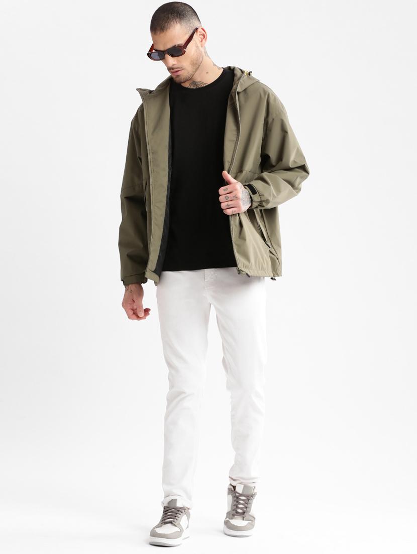 solid olive green detailed casual hooded jacket - 20960557 - Standard Image - 3