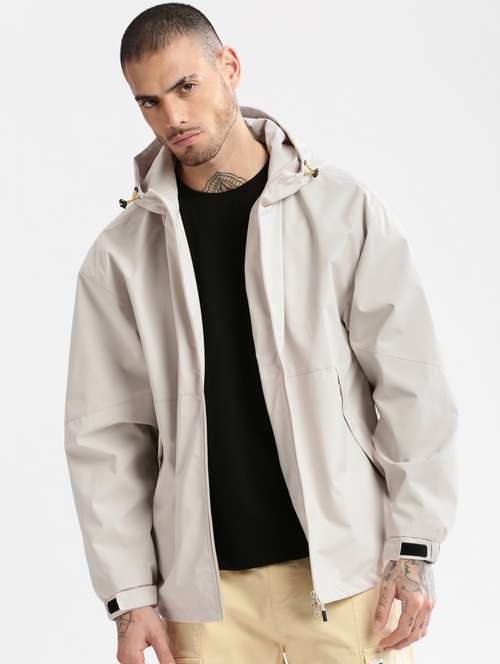 solid cream detailed casual hooded jacket - 20960559 - Standard Image - 0