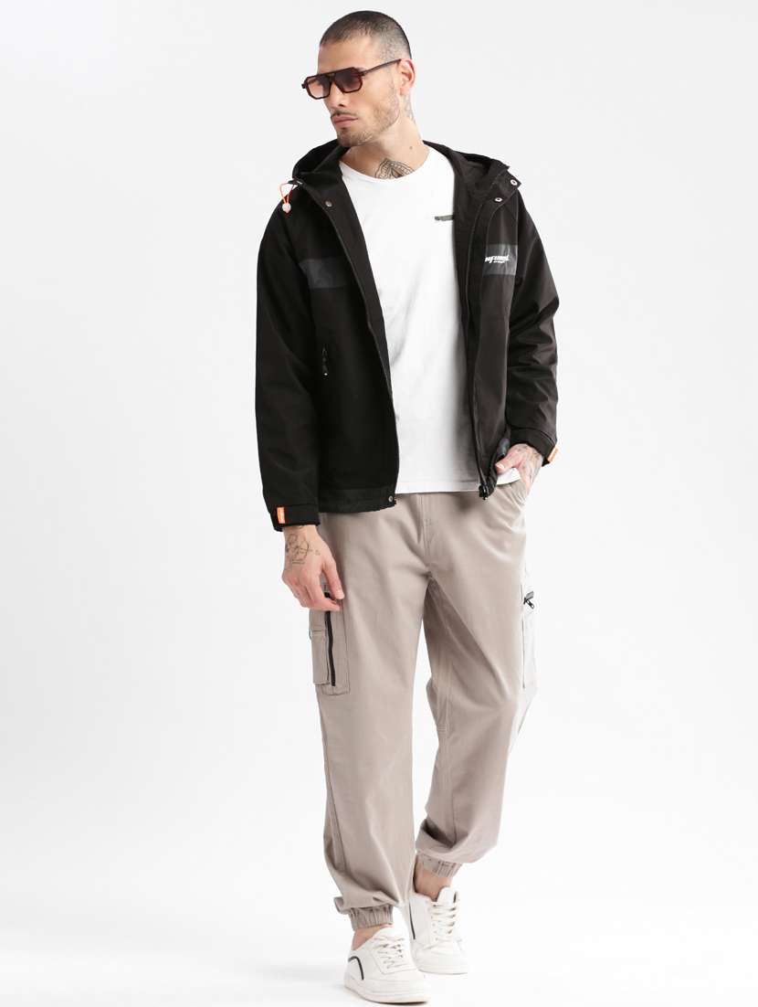 black printed detailed casual hooded jacket - 20960569 -  Standard Image - 3