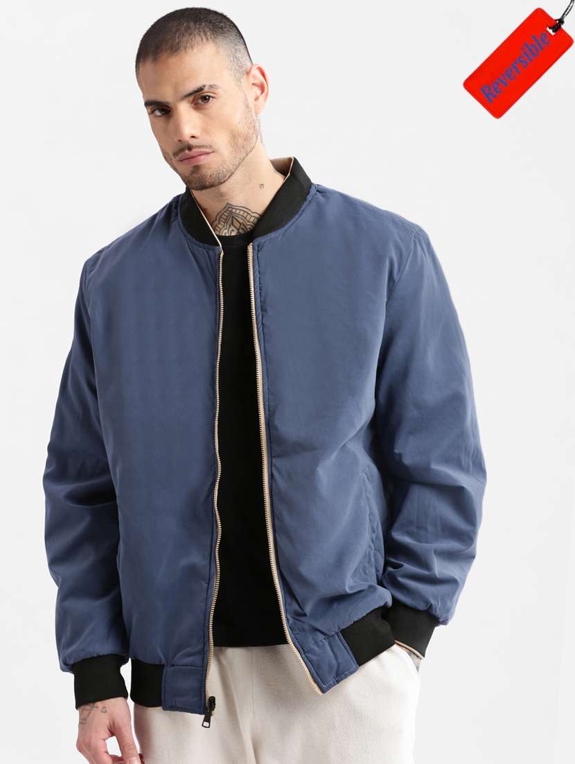 solid blue detailed casual reversible jacket - 20960590 -  Zoom Image - 0