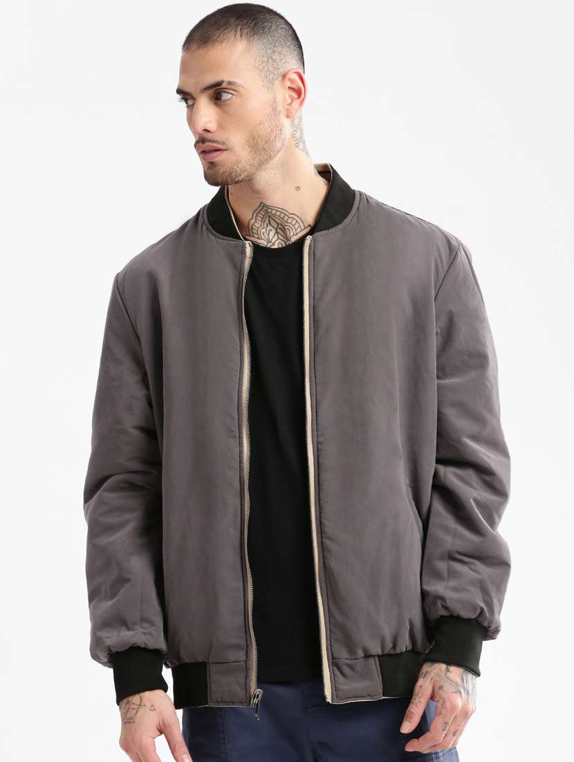 solid grey detailed casual reversible jacket - 20960594 -  Zoom Image - 0