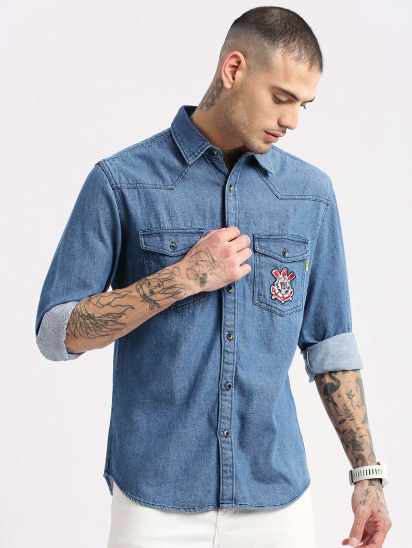 men blue denim casual shirt