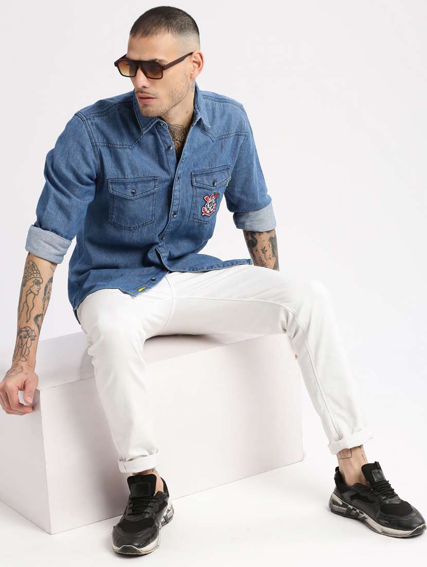men blue denim casual shirt - 20960681 -  Standard Image - 3