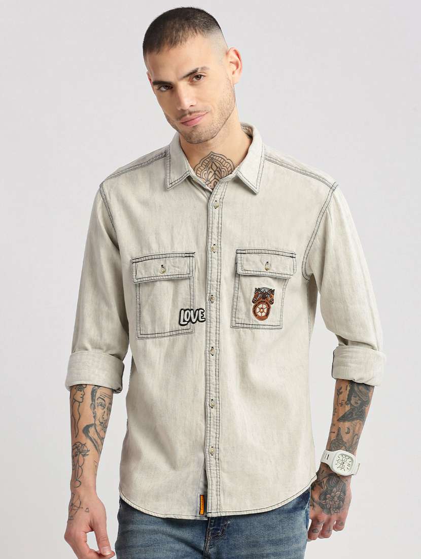 men cream solids casual shirt