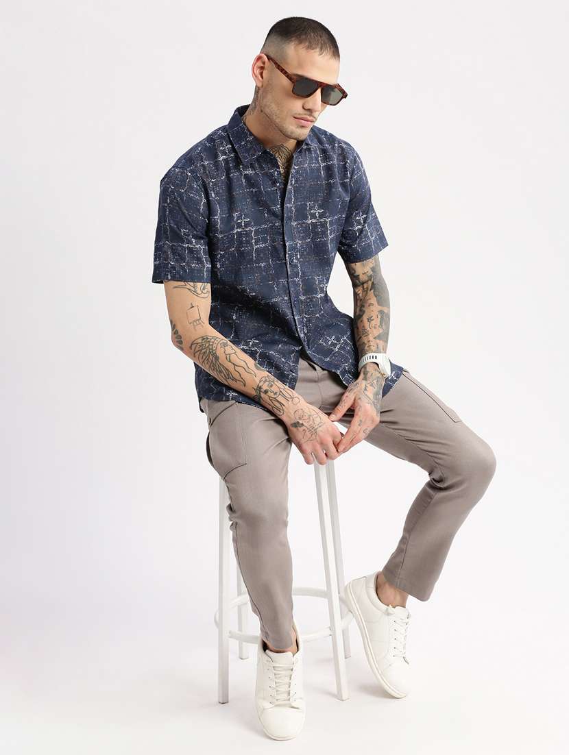 men navy blue regular fit collared printed casual shirt - 20960745 - Standard Image - 3