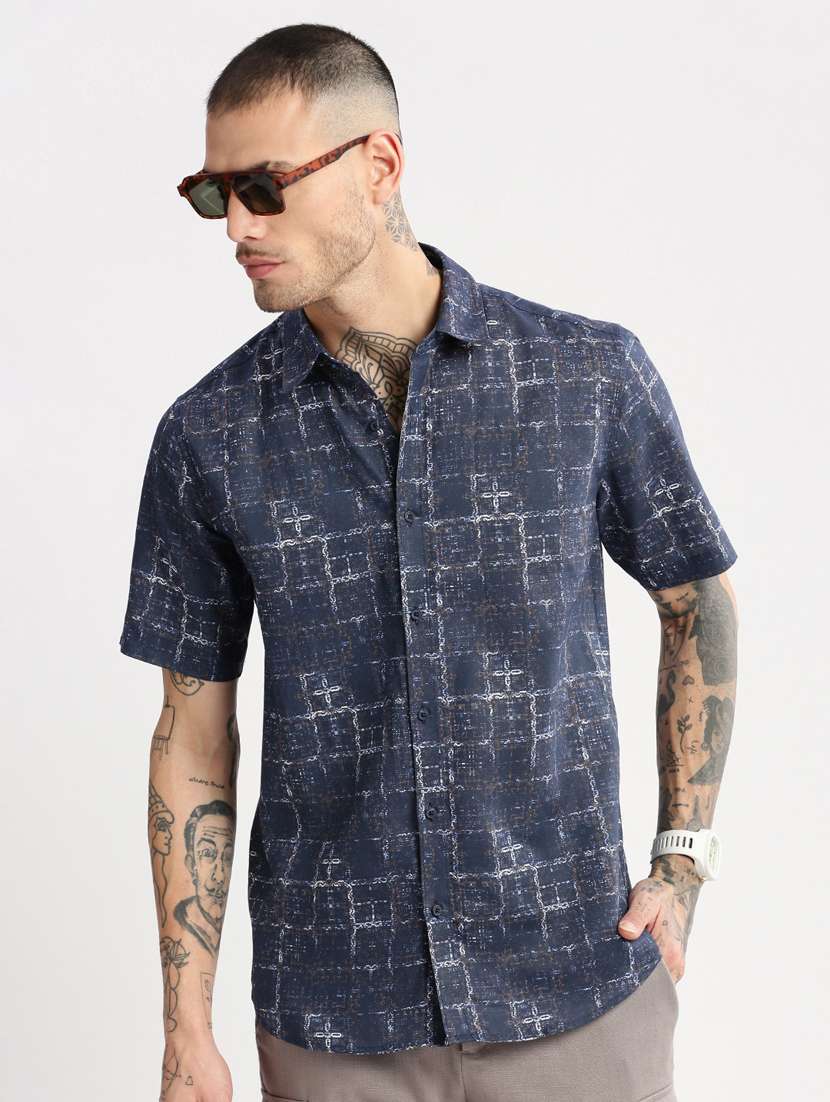 men navy blue regular fit collared printed casual shirt - 20960745 - Standard Image - 5