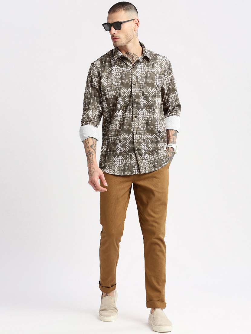 men olive geometric printed casual shirt - 20960761 -  Standard Image - 3