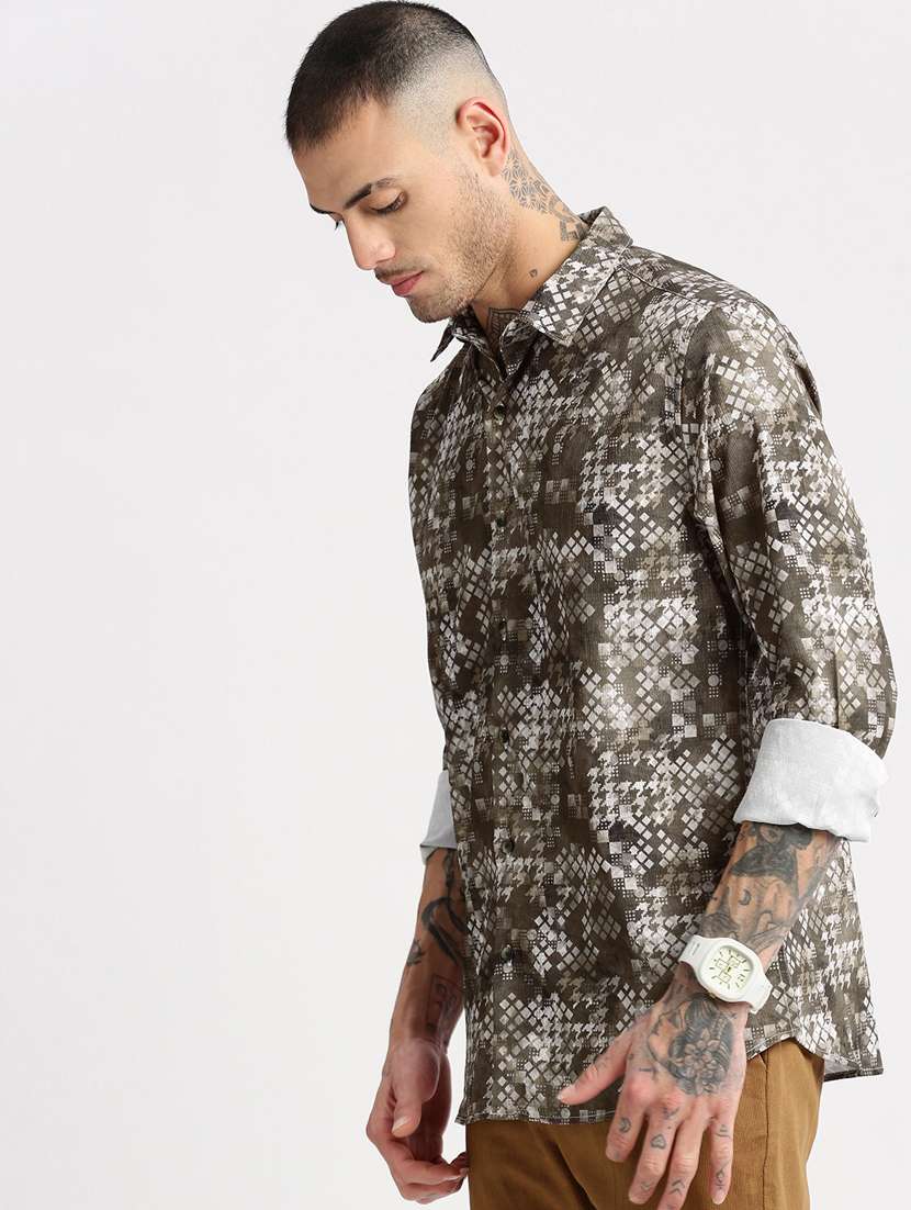 men olive geometric printed casual shirt - 20960761 -  Standard Image - 5
