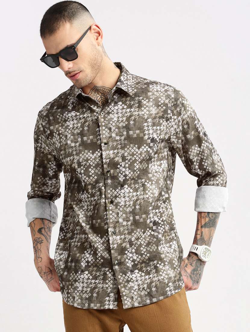 men olive geometric printed casual shirt - 20960761 -  Standard Image - 8