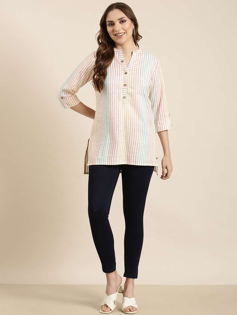 women off-white mandarin neck straight kurti - 20960866 -  Standard Image - 3