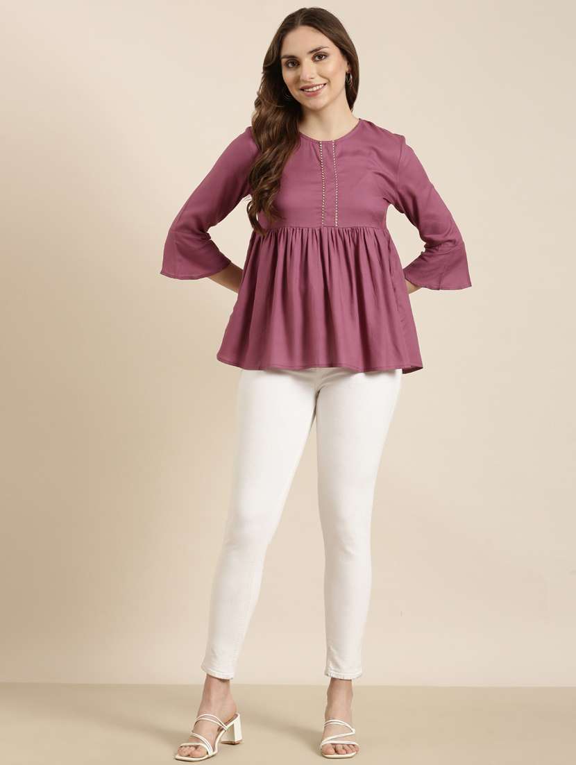 women lavender round neck a-line kurti - 20960871 -  Standard Image - 3