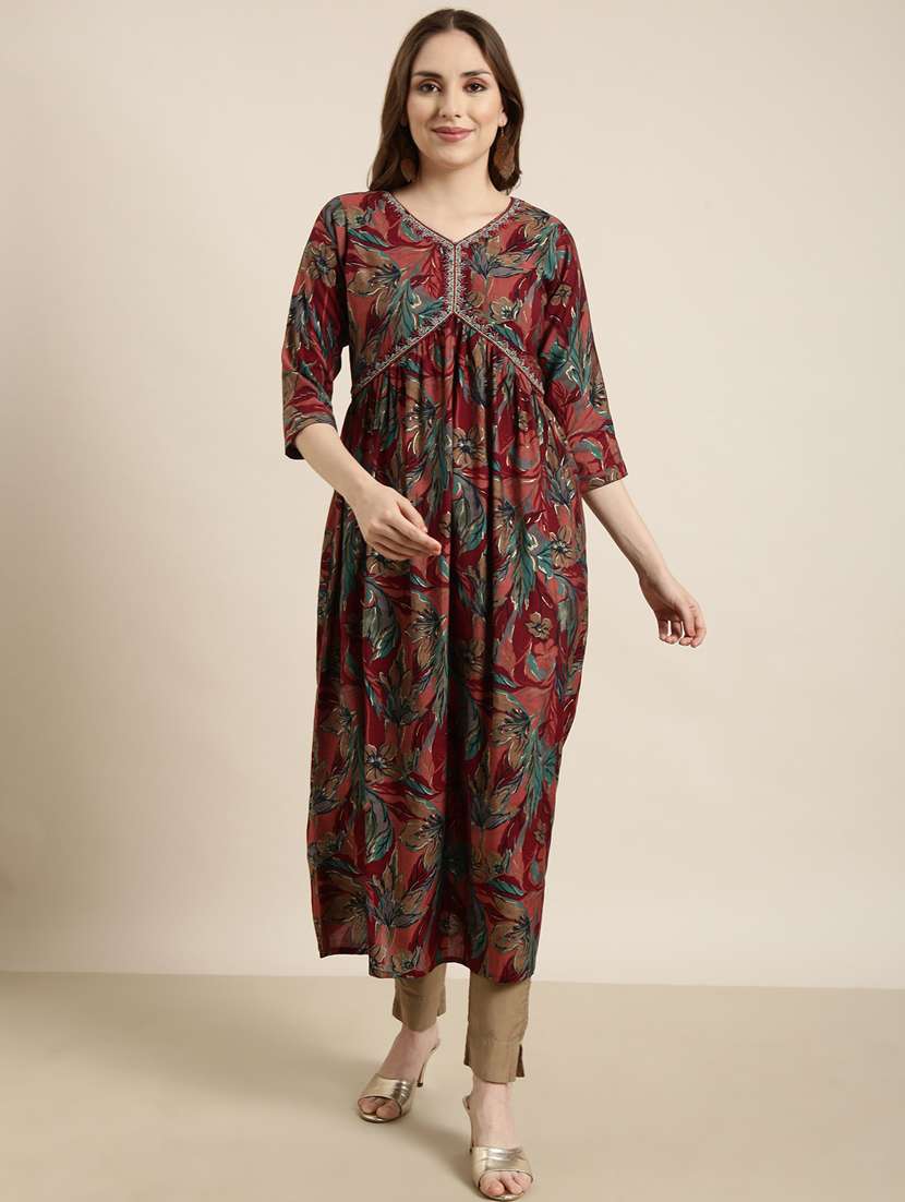 women maroon v neck a-line kurta - 20960874 -  Zoom Image - 0