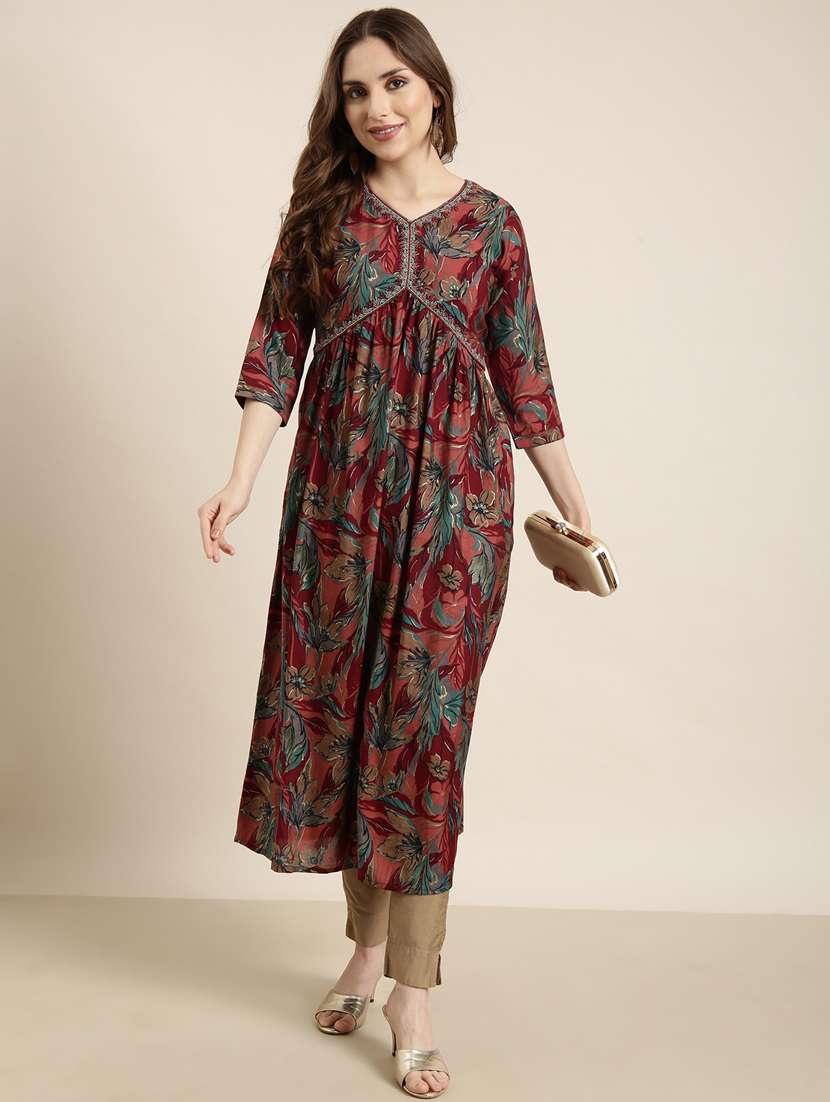 women maroon v neck a-line kurta - 20960874 - Standard Image - 3