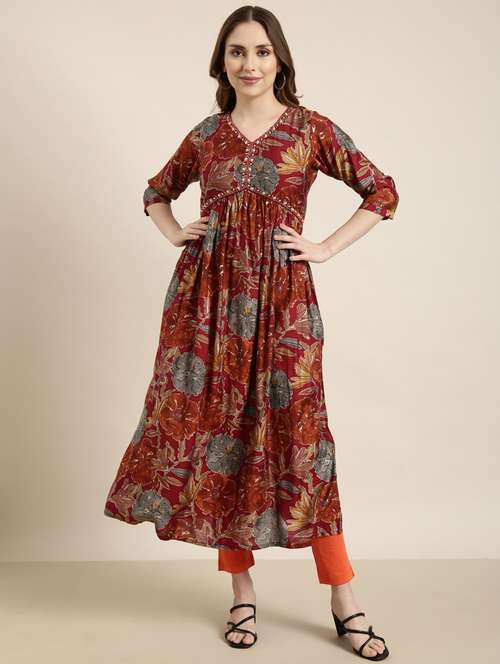 women maroon v neck flared kurta - 20960876 - Standard Image - 0