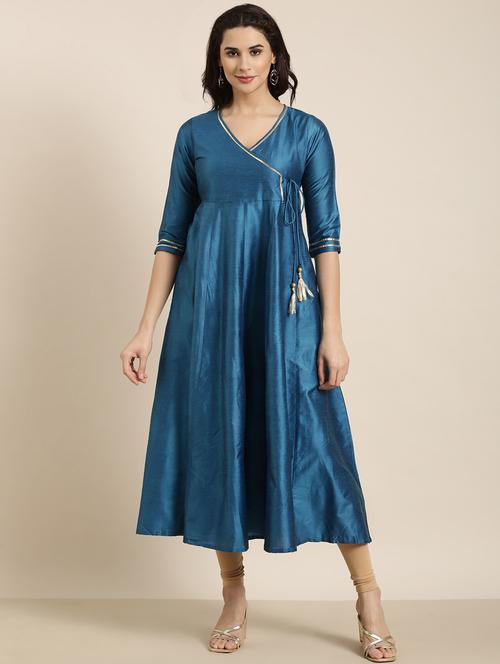 teal three quarter sleeve angrakha kurta - 20960878 - Standard Image - 0