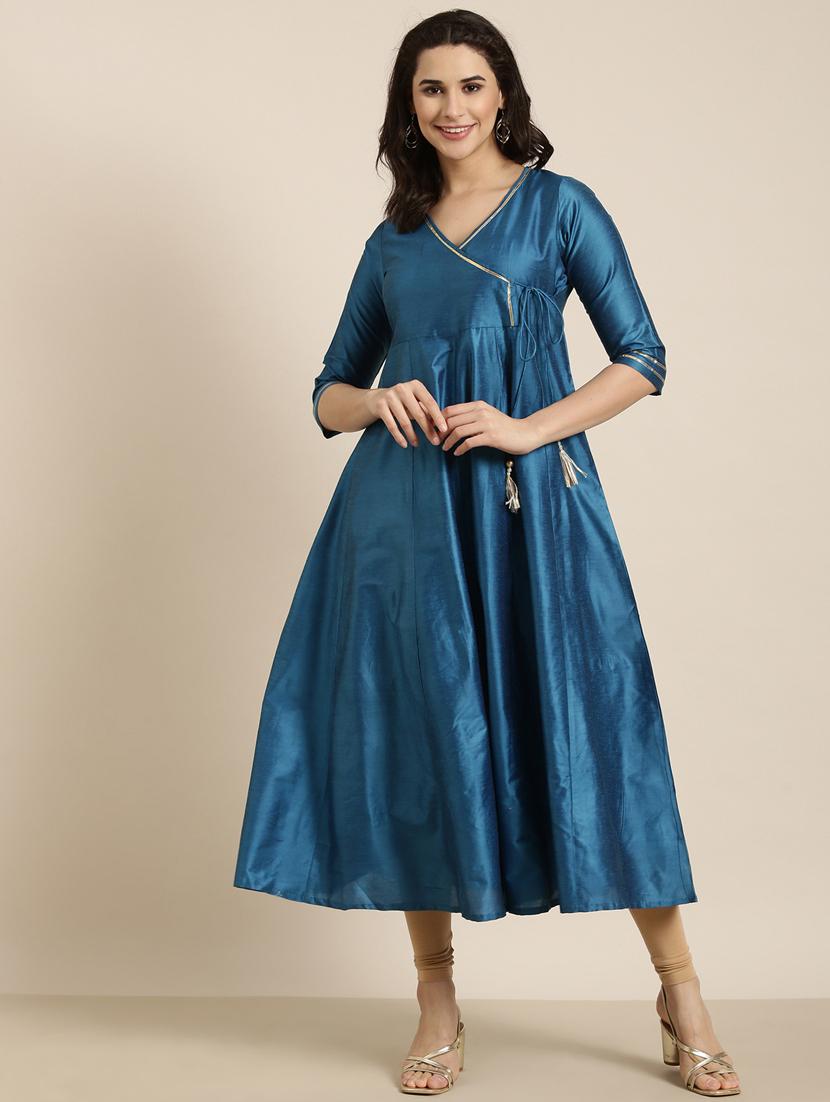 teal three quarter sleeve angrakha kurta - 20960878 - Standard Image - 3