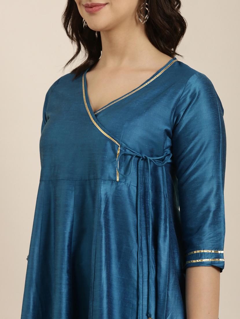 teal three quarter sleeve angrakha kurta - 20960878 - Standard Image - 5