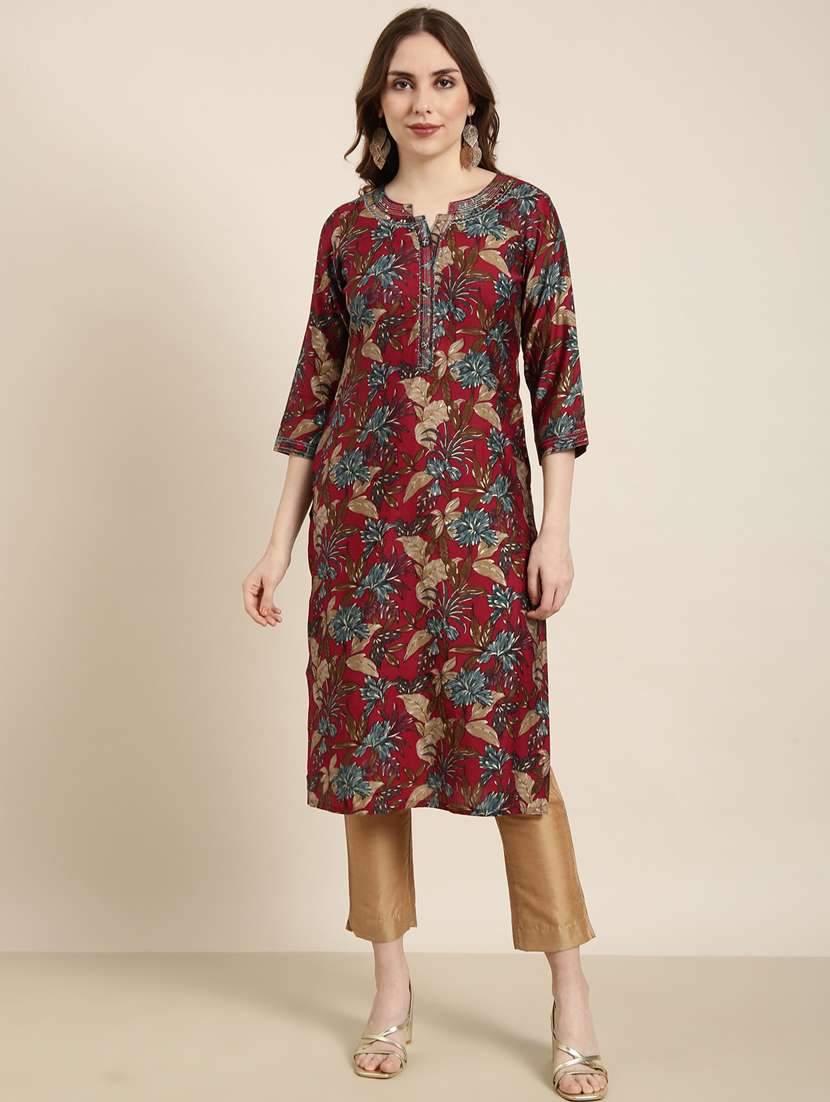 women maroon notch neck straight kurta