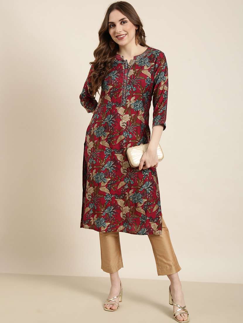 women maroon notch neck straight kurta - 20960897 -  Standard Image - 3