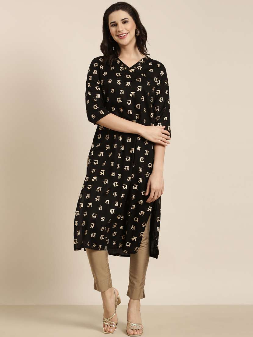 women black v neck straight kurta - 20960907 -  Standard Image - 3