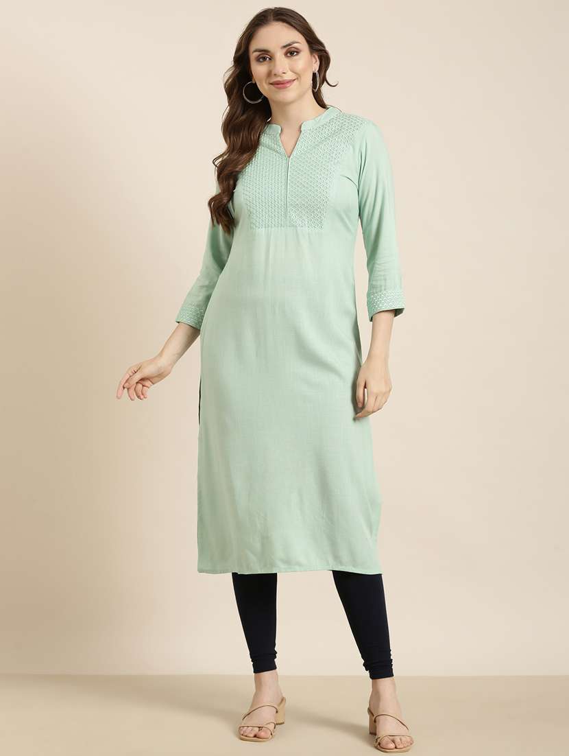 women sea green mandarin neck straight kurta - 20960923 -  Standard Image - 3