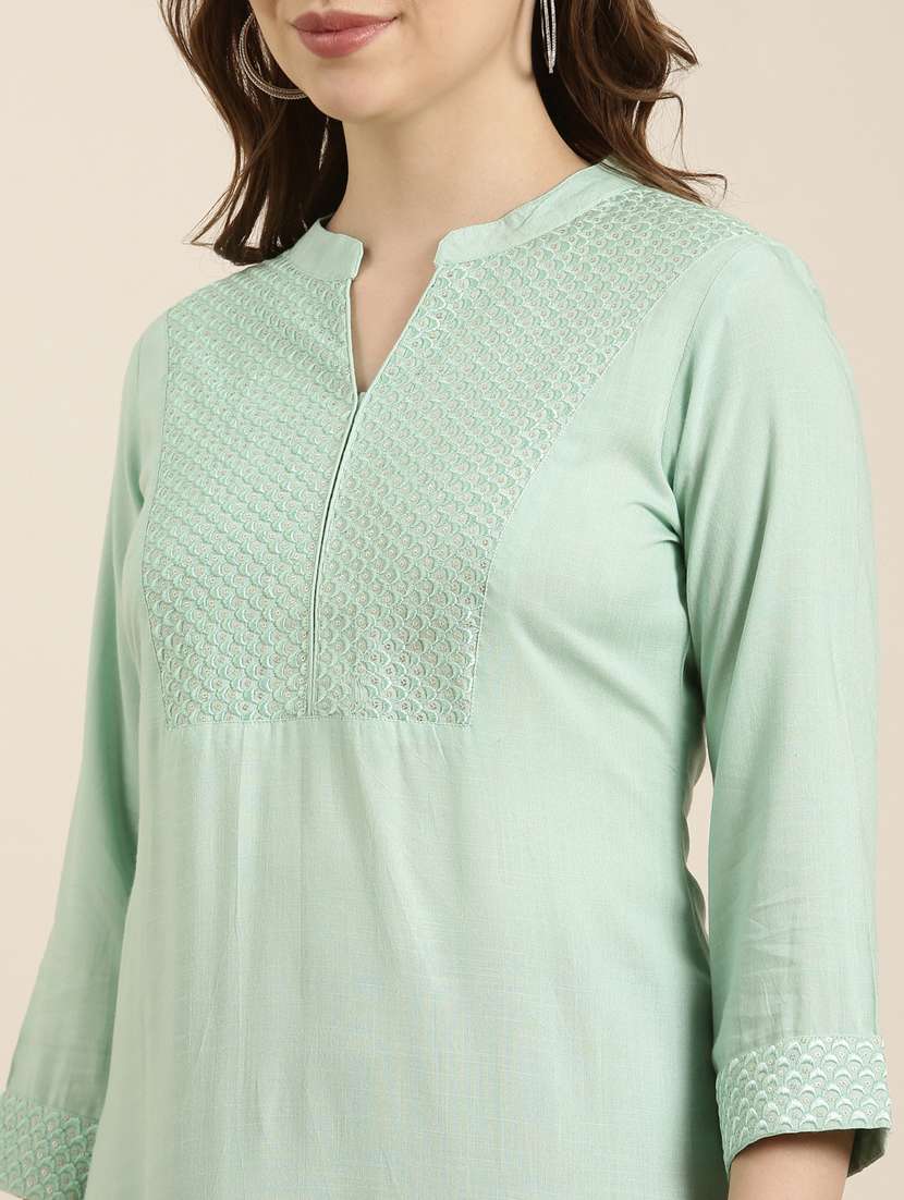 women sea green mandarin neck straight kurta - 20960923 -  Standard Image - 5
