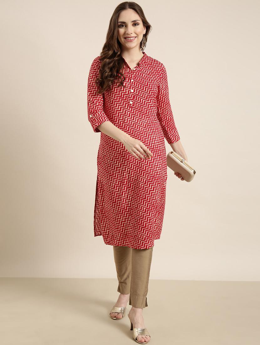 women red mandarin neck straight kurta - 20960927 - Standard Image - 3