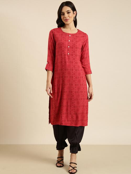 women red round neck straight kurta - 20960930 -  Standard Image - 0