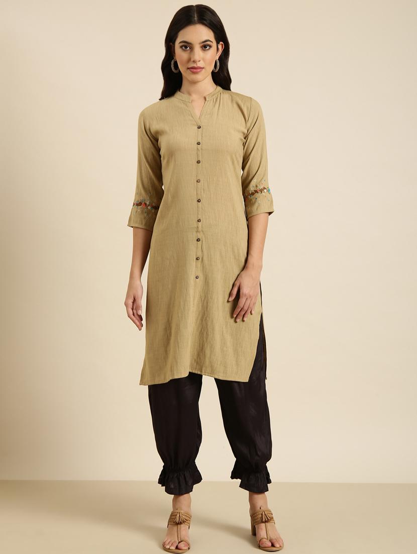 women beige mandarin neck straight kurta - 20960936 - Zoom Image - 0