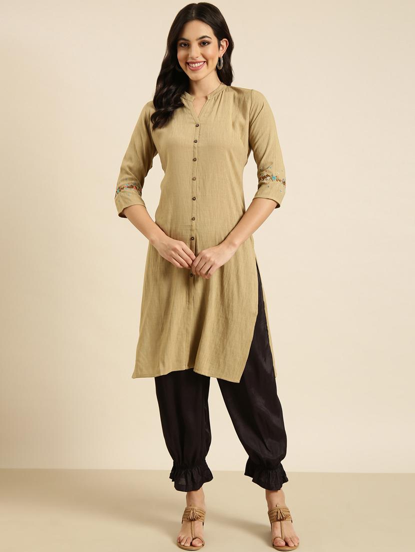 women beige mandarin neck straight kurta - 20960936 - Standard Image - 3