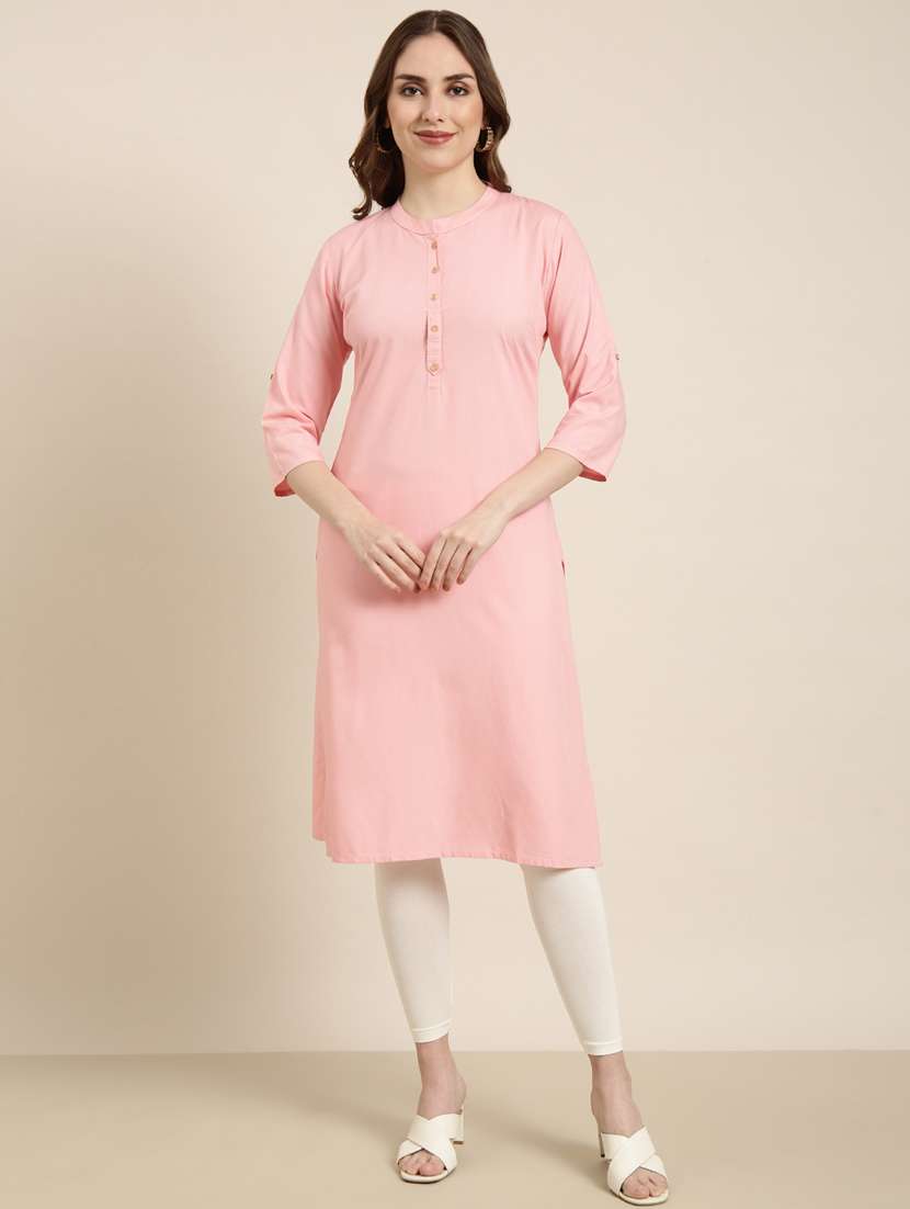 women pink mandarin neck straight kurta - 20960946 - Zoom Image - 0