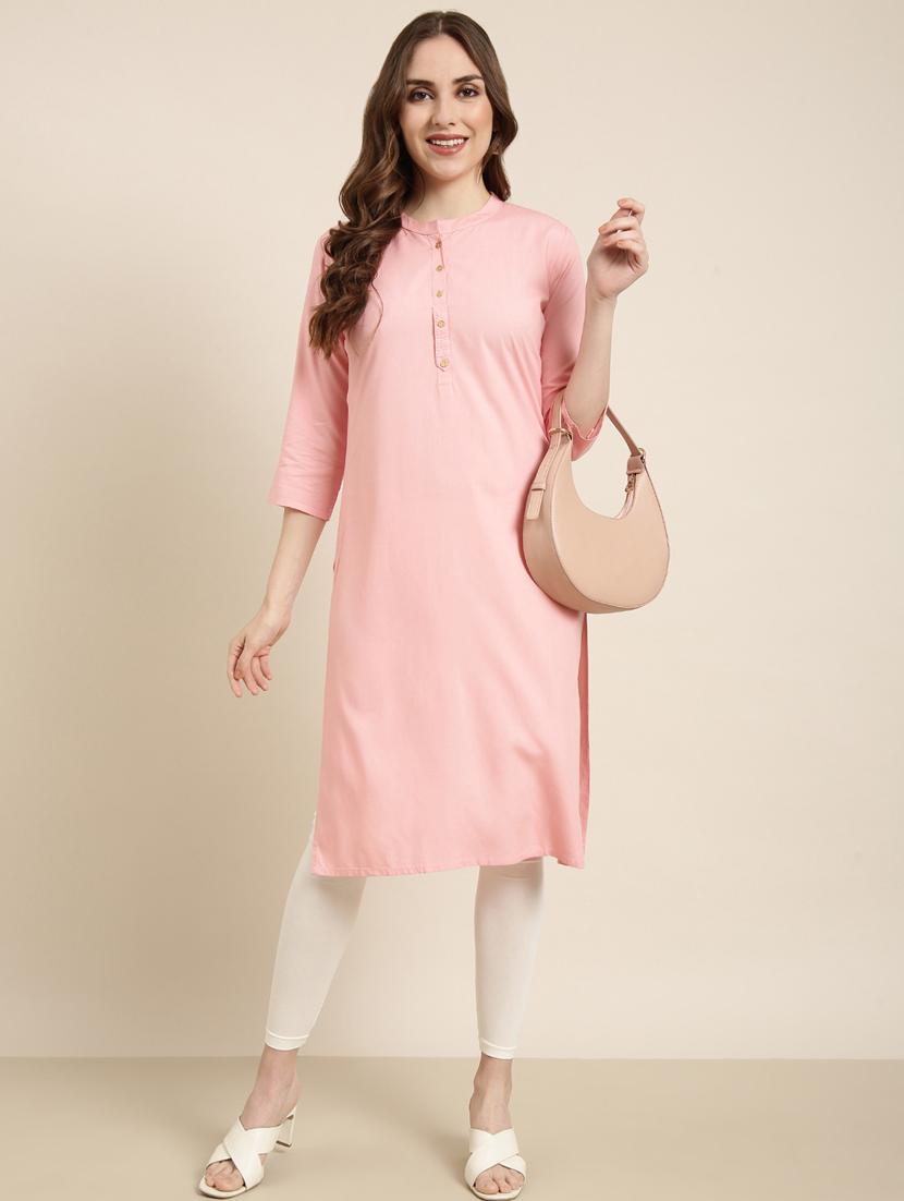 women pink mandarin neck straight kurta - 20960946 - Standard Image - 3