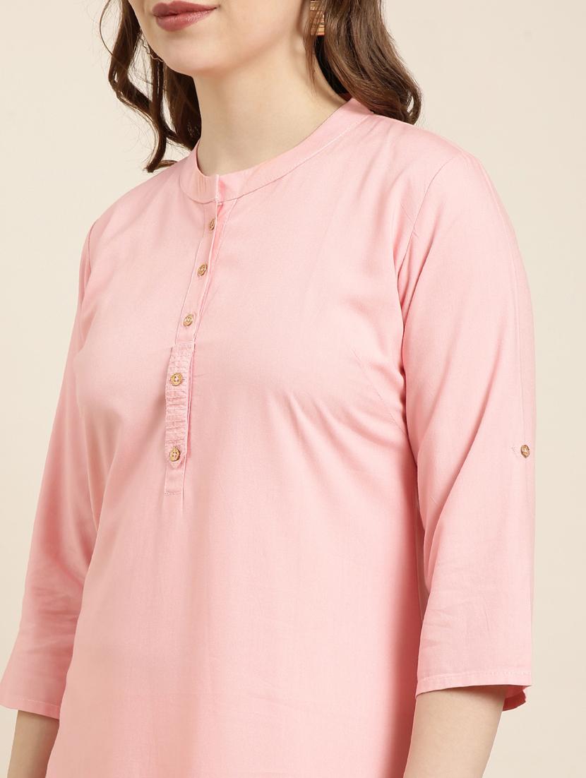 women pink mandarin neck straight kurta - 20960946 - Standard Image - 5