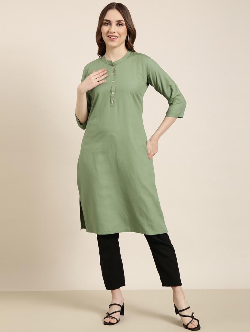 women green mandarin neck straight kurta