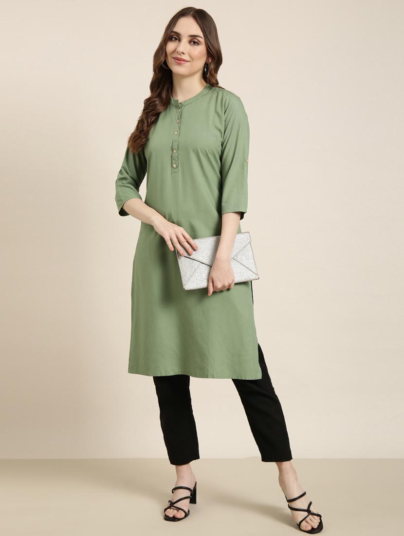 women green mandarin neck straight kurta - 20960949 - Standard Image - 3