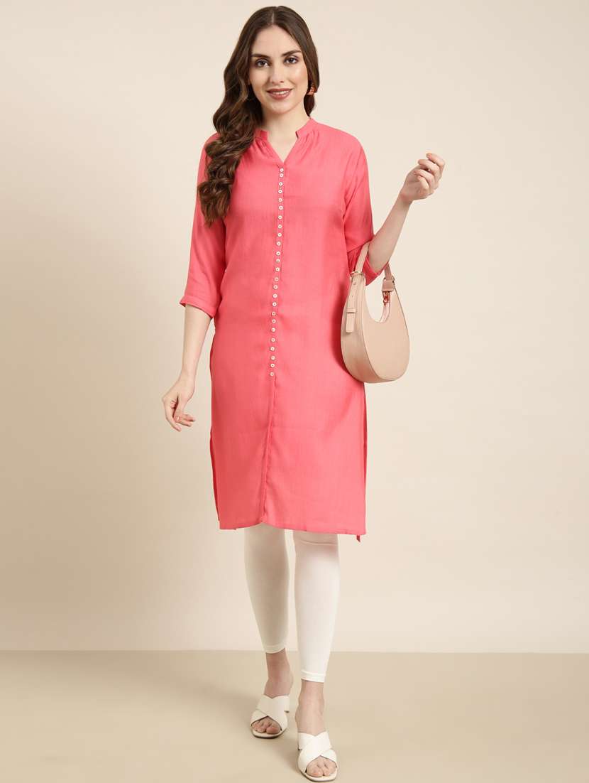 women pink mandarin neck straight kurta - 20960955 -  Standard Image - 3